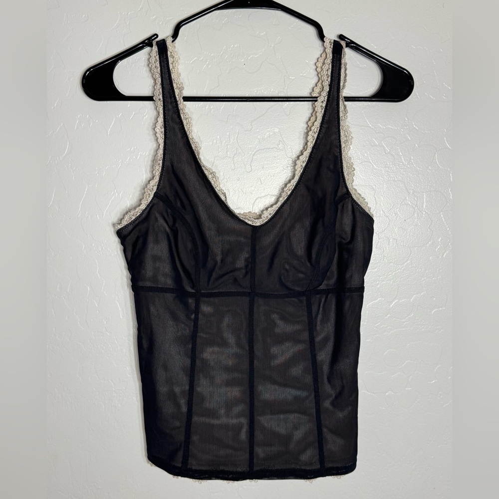 Express Black Sheer Mesh Lace Trim Tank Top S Y2K Grunge Elena Gilbert Style